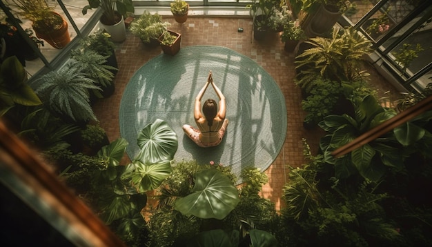 Women meditating in lotus position tropical paradise generated by AI