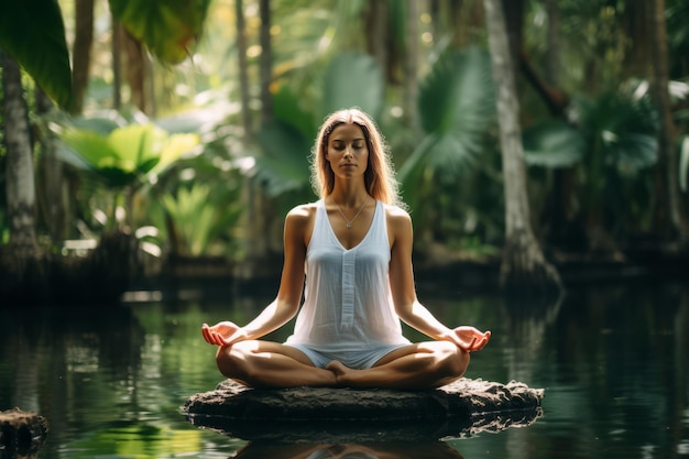 Women meditating in lotus position tropical paradise