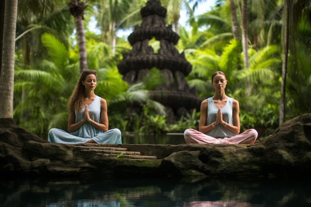 Women meditating in lotus position tropical paradise