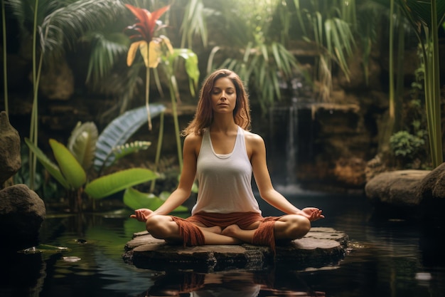 Women meditating in lotus position tropical paradise