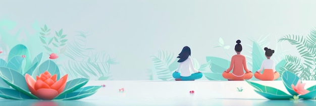 Women Meditating in a Serene Garden Three women sit in meditation pose surrounded by lush greenery