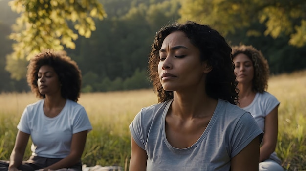 Women Meditating in a Tranquil Meadow