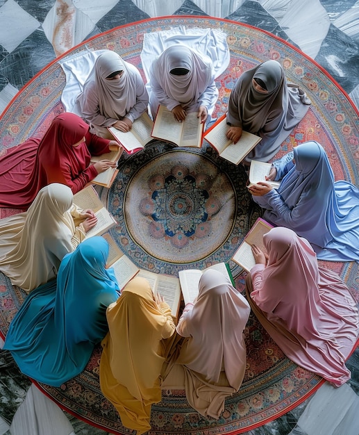 Photo women muslims reading quran in a mosque organized in a circle captured in a naturalistic photograp