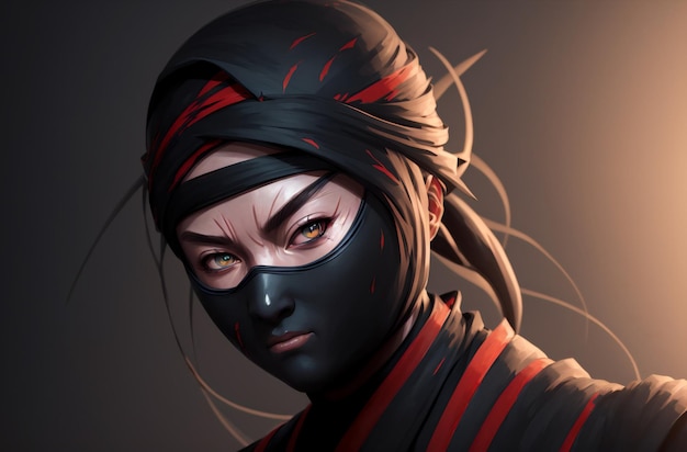 A women ninja with a black mask on his face covering his face Generative AI