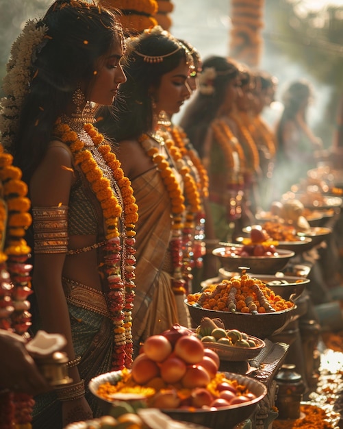 Women Offering Coconuts And Fruits The Background