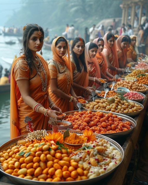 Women Offering Traditional Sweets Delicacies Background