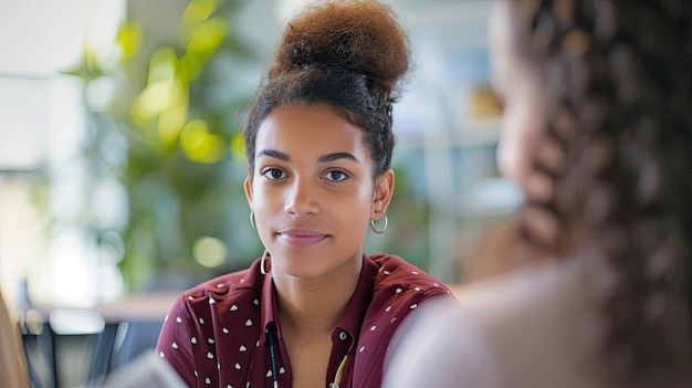 Women office worker discussing a new project with a colleague during the working day in coworking