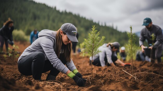 women planting trees in a field with a woman holding a hat