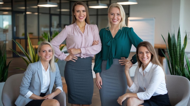 Photo women pose for a photo in a room with a woman wearing a green top and a blue shirt