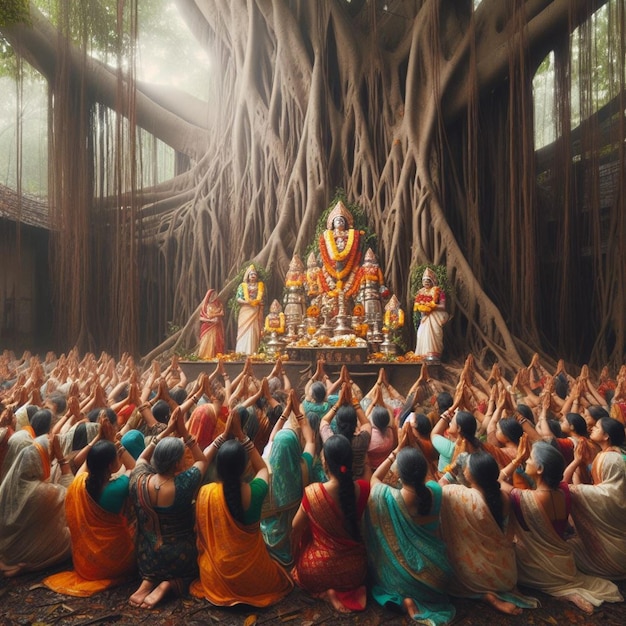 women pray to a Banyan tree women offer water to tree woman pray in nature many woman praying