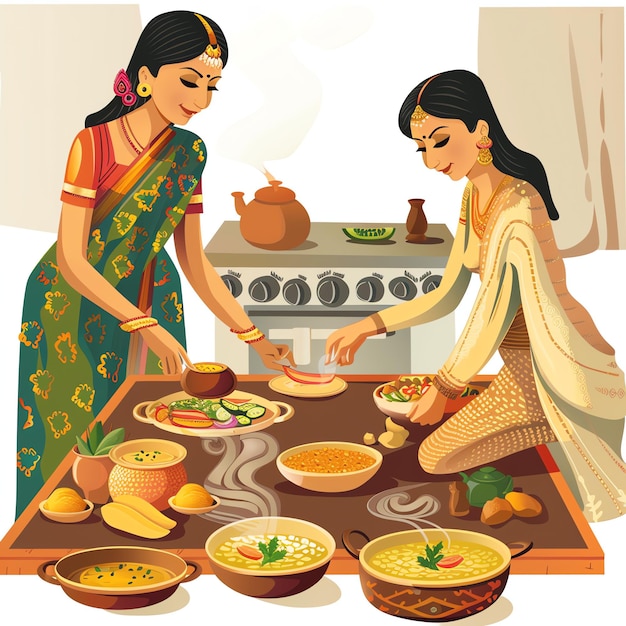 Women preparing special Teej dishes in the kitchen indian illustration