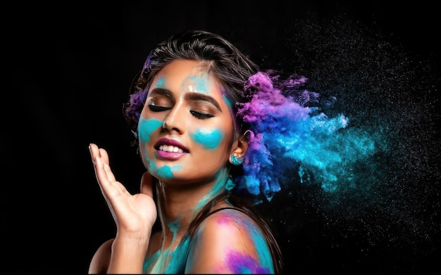 A women purple and blue ocean powder color splash and brush for makeup artist or graphic design