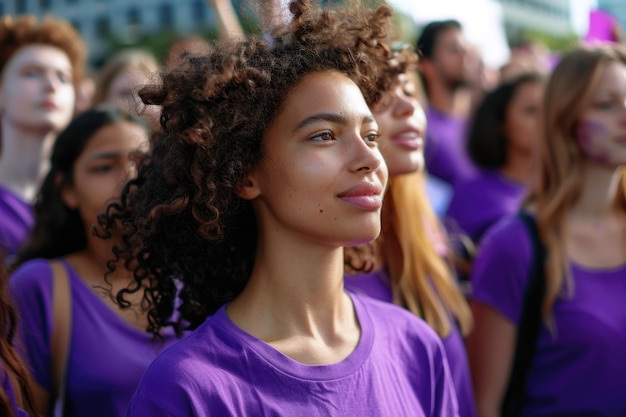 Women In Purple Multiracial Women in Protest Against Violence Standing Together with Signs