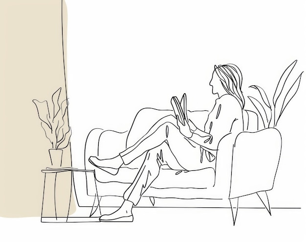 Photo women reading on the armchair grandma reading book on the chair single outline modern illustration editable strokes