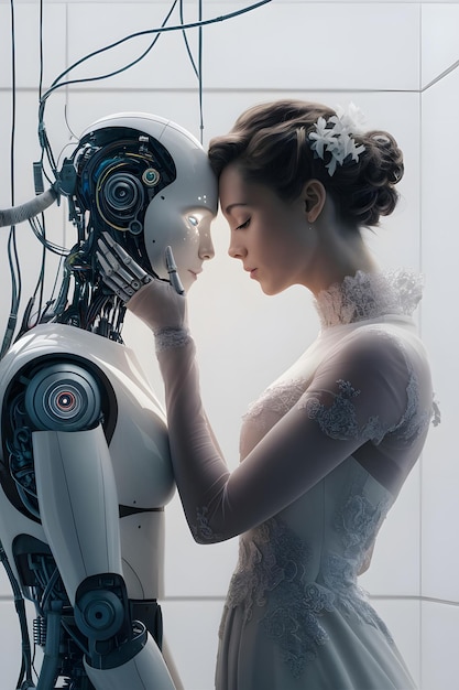 Photo a women and robot gently touched with forehead ai artificial intelligence