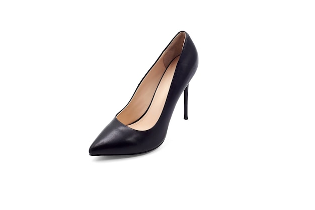 Women's black fashion high-heeled shoes made of leather on a white background. Isolate