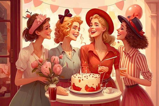 Women's Day card illustration of women together celebrate some holidays Female friendship Girls in cafe or home fun and enjoy festive atmosphere