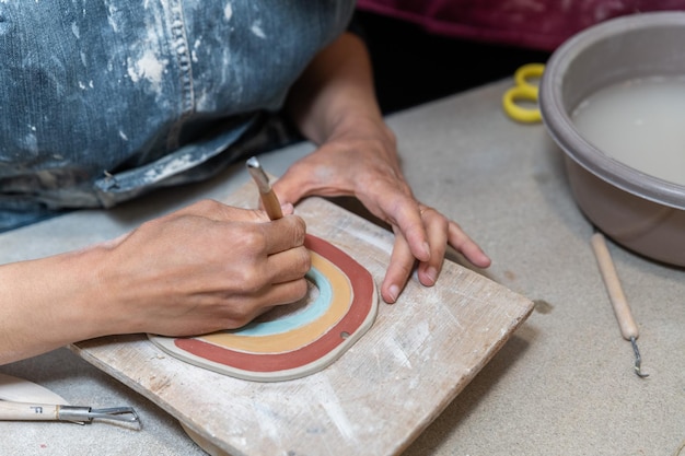 Women's hands painting a pottery object