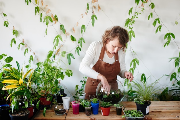 Women's hobby. Girl nerd florist make a mini terrarium with house plants