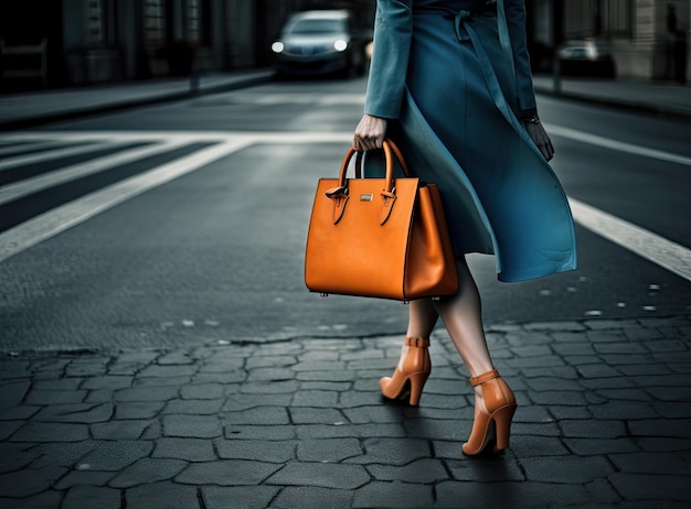 Women's legs in orange shoes Bright orange shoes and handbag Stylish slim girl in soft blue warm coat gray warm dress and heels walking on the rainy wet street