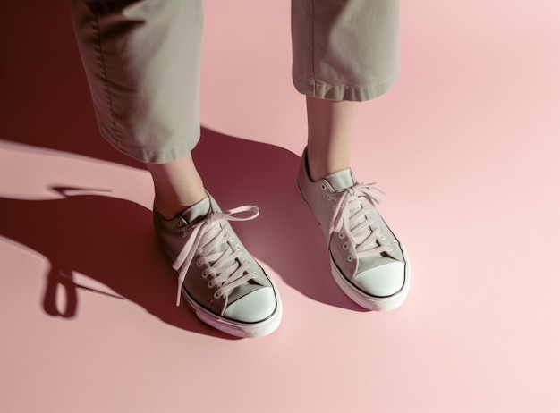 Women's legs in sweatpants white socks and white sneakers with green elements against the background of the track with markings in the stadium