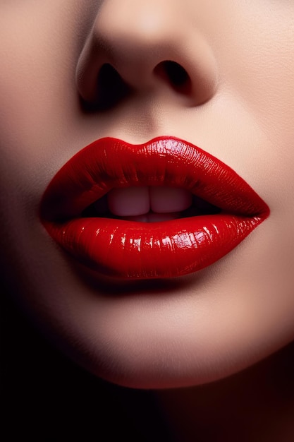 Women's lips with red lipstick and an open female mouth with white teeth macro Concept of beauty Generative AI