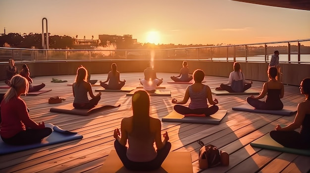 Women's outdoor yoga class at sunset Meditation wellness and healthy living Generative ai