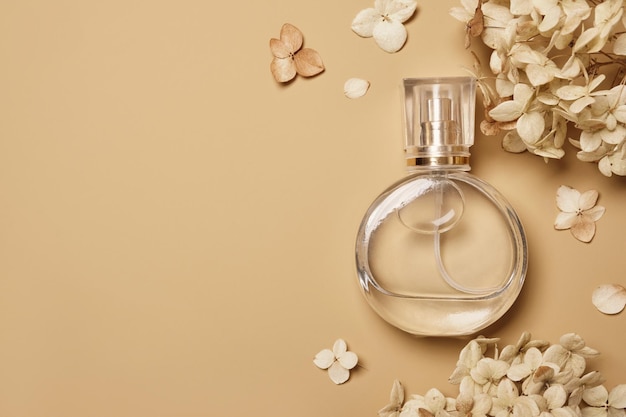 Women's perfume bottle mockup and dry hydrangea flowers on beige background Natural earthy colors copy space