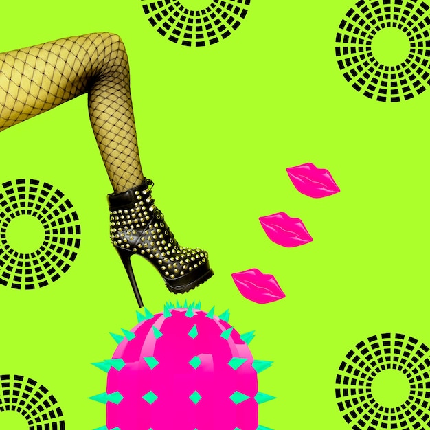 Women's Sexy boots with high heels. Geometry art collage. Fashion party shoes concept