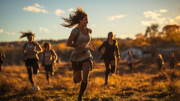 Women's Soccer Match Athletes Competing on the Field with Afternoon Light