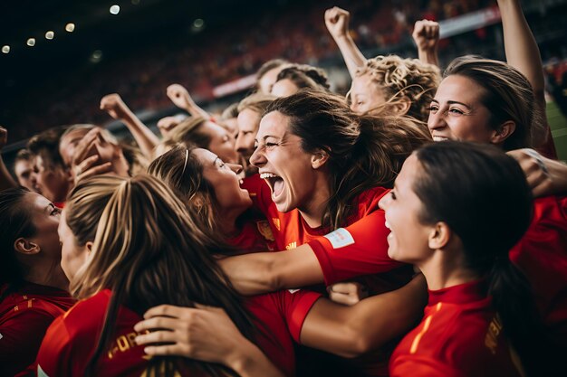 Photo the women's soccer team celebrates with their arms around each other female football concept