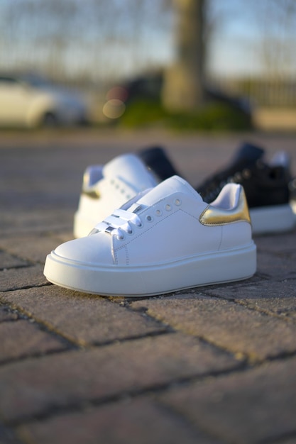 Women's white sports shoes A street style in springtime