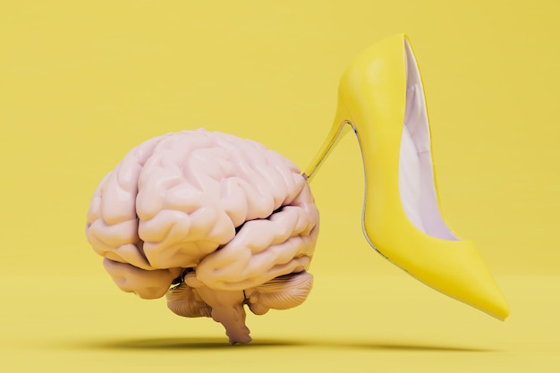 Women's yellow heeled shoe sticking out of the brains on a yellow background 3D render