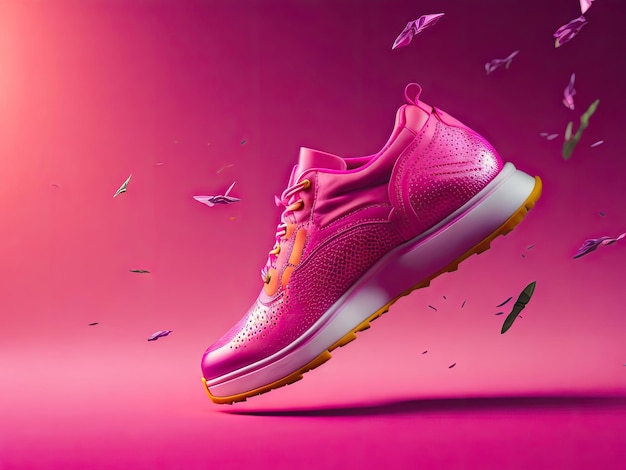 Women shoes flying on pastel pink background ai generative