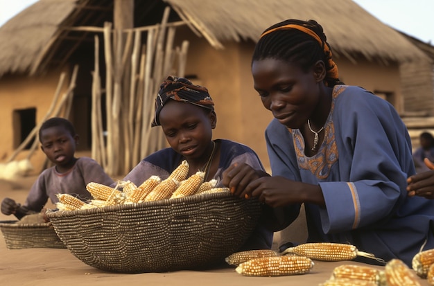 Women sitting around basket of corn