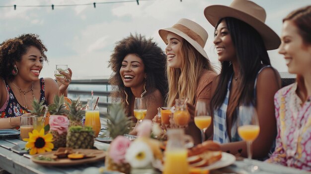 Photo women sitting at a table with food and drinks