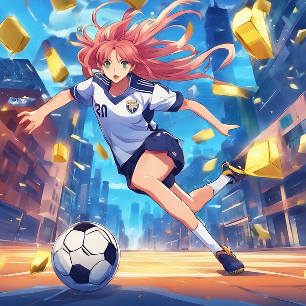 Women soccer player in town kicking the football generated by ai