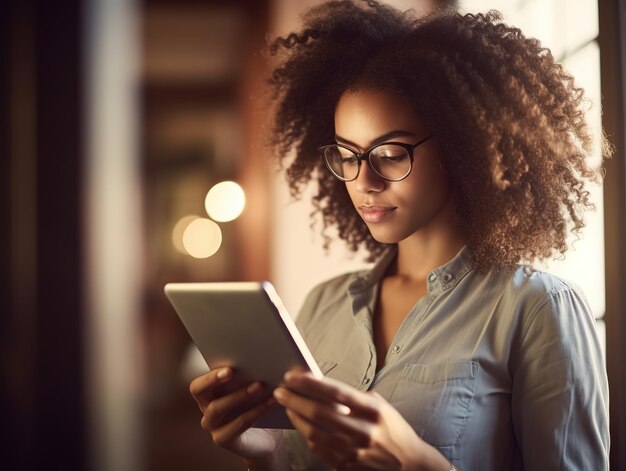 women student studying on tablet