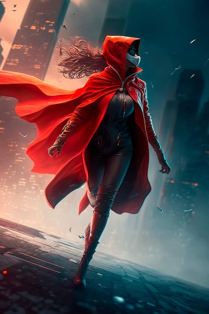 A women superhero in a mask flies against the backdrop of the city to help people in a red raincoat Generative AI