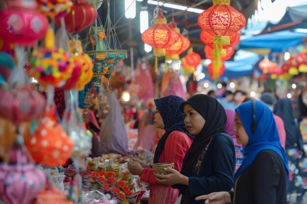 Women at a temple market browsing lanterns among the crowd