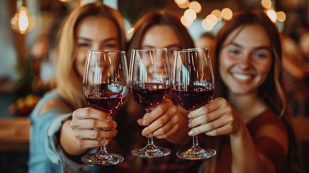 women toasting with wine glasses in the background