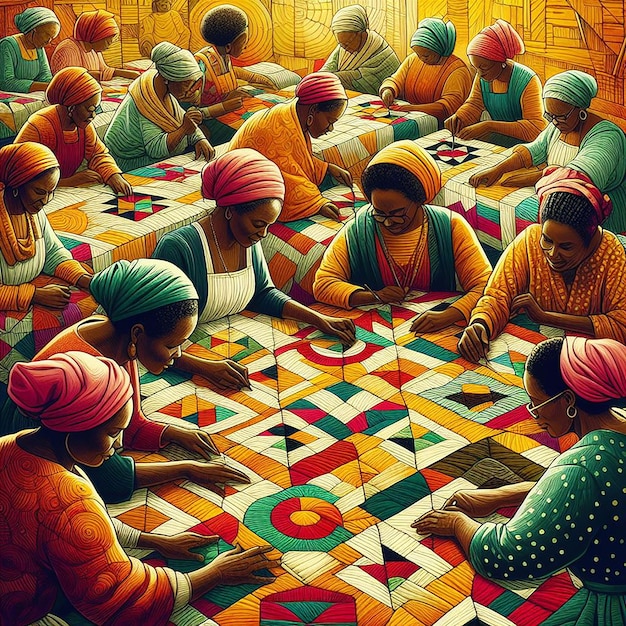 Women in Traditional Attire Crafting a Quilt with Vibrant Patterns