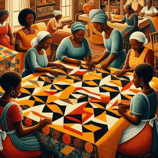 Women in Traditional Attire Crafting a Quilt with Vibrant Patterns