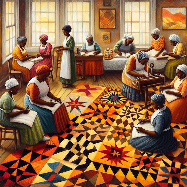 Women in Traditional Attire Crafting a Quilt with Vibrant Patterns