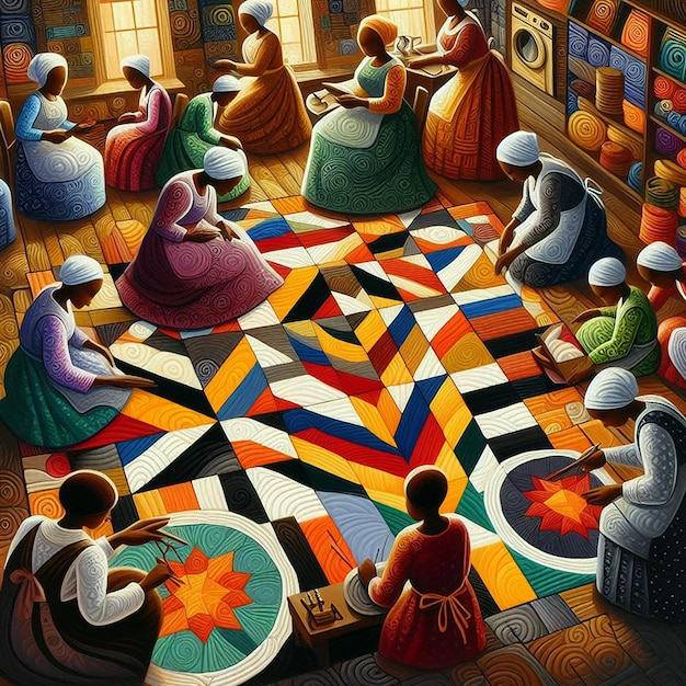 Women in Traditional Attire Crafting a Quilt with Vibrant Patterns