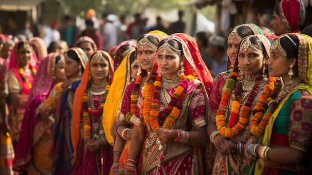 Women in traditional saris line up for a wedding ceremony.