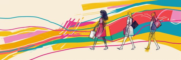 Photo women walking in a colorful abstract world