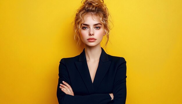 Photo a women wearing black suit looking at camera on yellow background