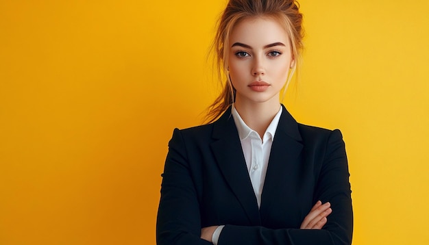 Photo a women wearing black suit looking at camera on yellow background