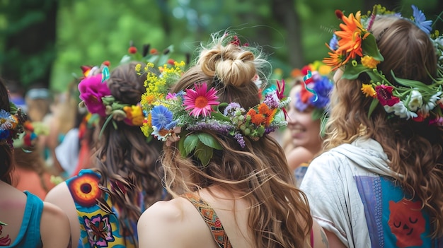 Photo women wearing floral crowns photo